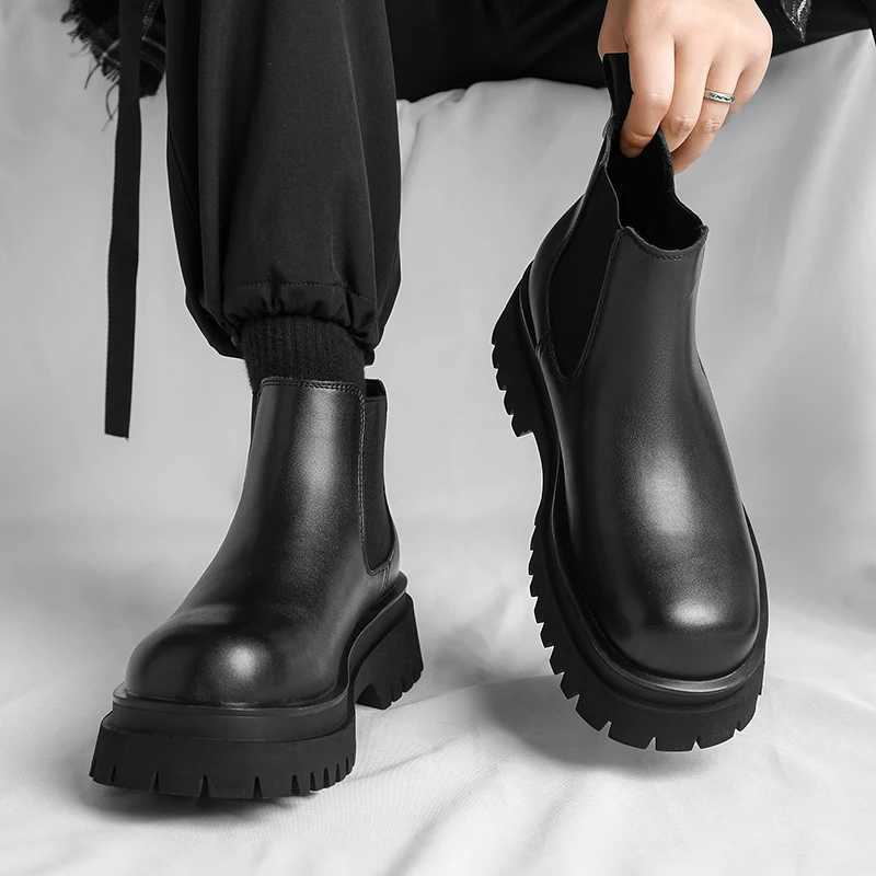 High Quality Fi Mens Boots Black Boots Fi Casual British Style Thick Bottomed Mid-top Chelsea Boots Large Size 38-45XJ241212
