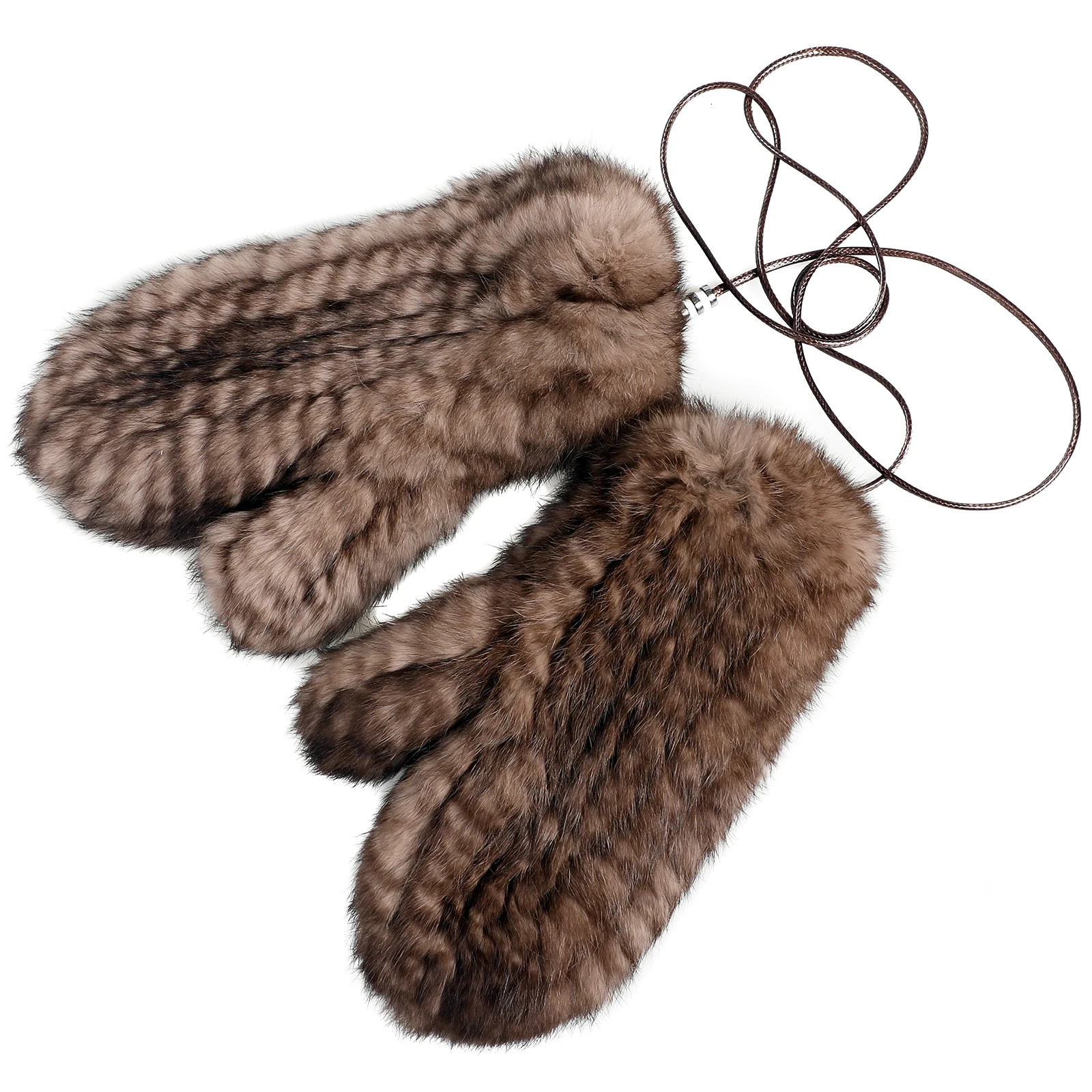 Womens Genuine Rabbit Fur Knitted Mittens-Soft Winter Cold Weather Gloves-Removable Rope String 241212