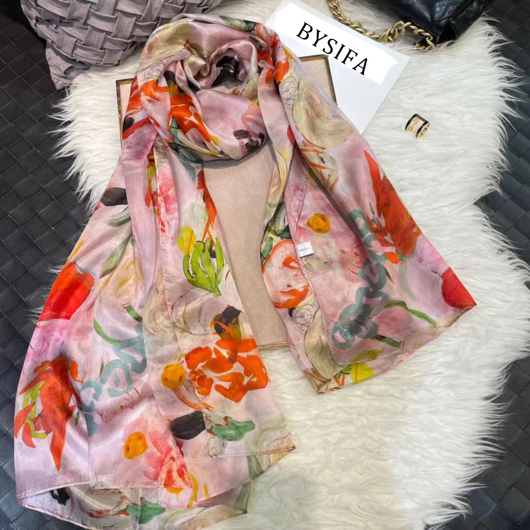 White 100% silk scarf womens scarf Bufandas summer beach shawl Foulard autumn and winter flower long neck scarf headscarf 241211
