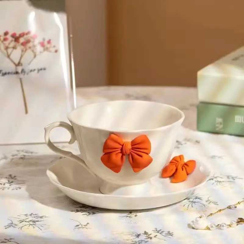 White ceramic coffee cup sauce Exquisite Bow g English Afternoon lia Flower Tea coffee cup breakfast g birthday gift Y241211