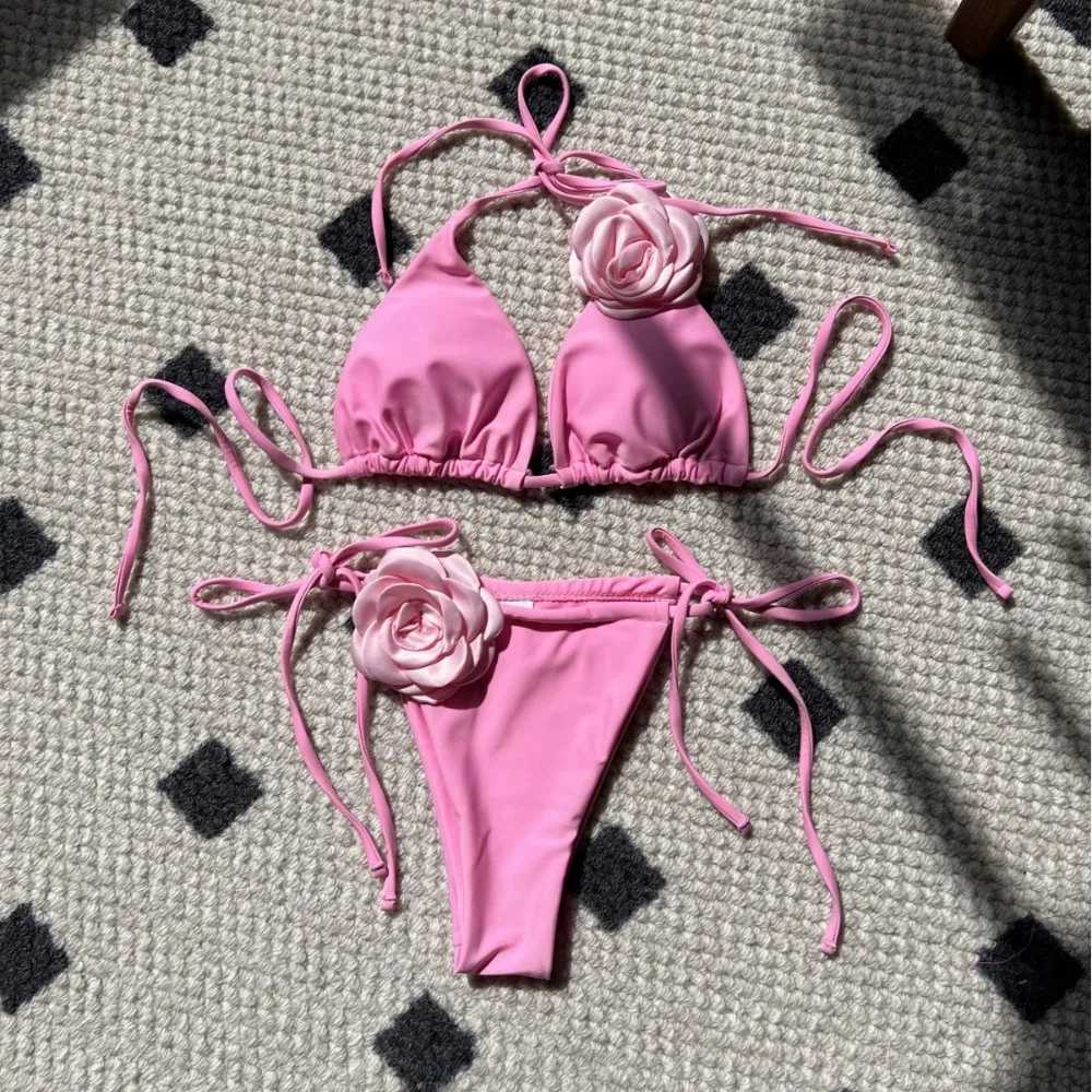 New Summer Women Bikinis Strapss Brazilian Thong Biquini Solid Color Rose Women Two Pieces Bathing Suit Swimsuit BeachwearXJ241212