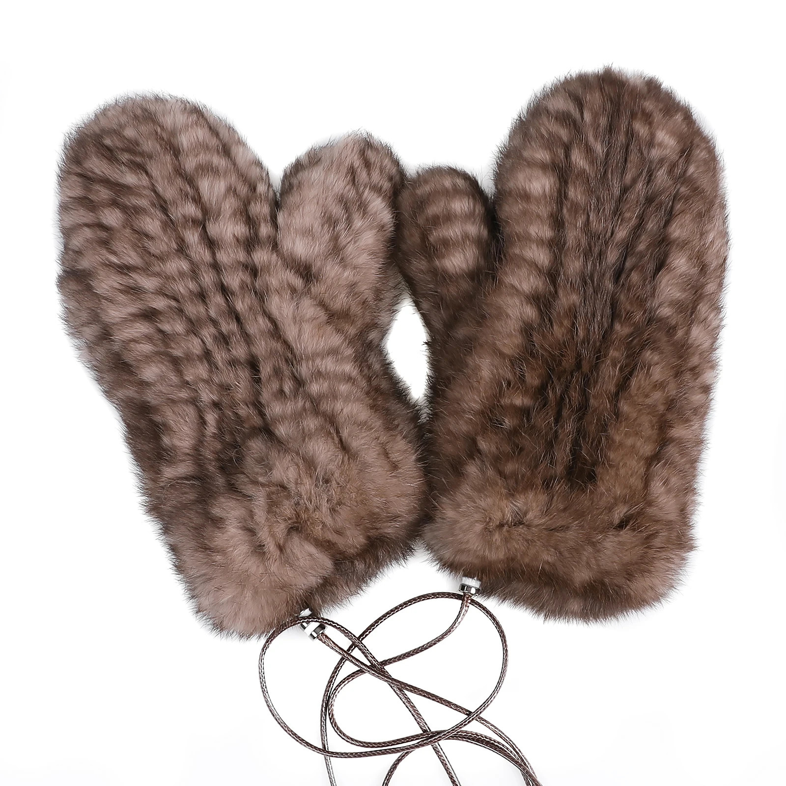 Womens Genuine Rabbit Fur Knitted Mittens-Soft Winter Cold Weather Gloves-Removable Rope String 241212