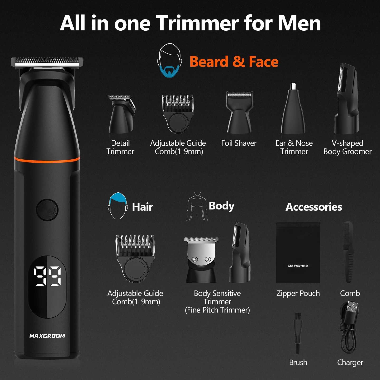 MAXGROOM 4-in-1 Mens Body Hair Trimming Kit Pubic Hair Trimmer Nose Beard Trimmer Electric IPX6 Waterproof Mens Beard Trimmer W241212