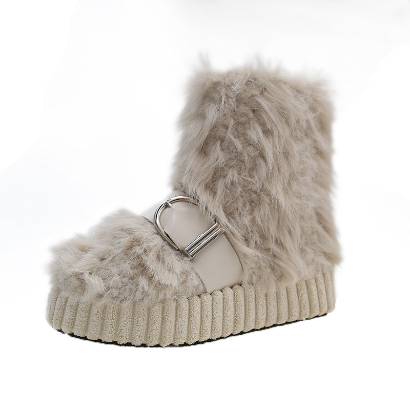 Women Boots:Thick Sole Anti-slip Fashionable Stylish Snow Boots Winter Gifts Belt Buckle Design Cotton Boots,Black/Beige/Grey,Free shipping