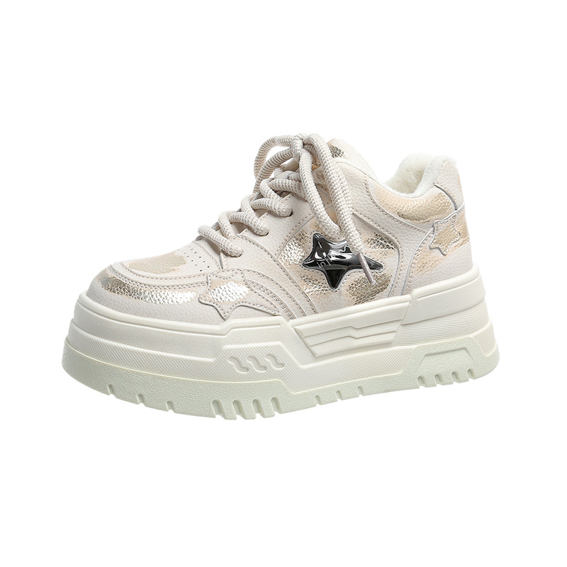 Women Casual Shoes:Thick Sole Increase Height Simple Design Print Star Lace-up Vintage Versatile,Gold/Silver,Free shipping