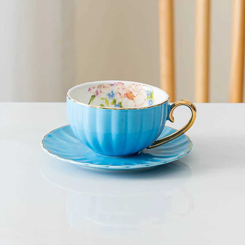 230ml European lightweight luxury ceramic cup and plate afternoon tea gold-plated edge coffee cup plate flower patterned coffee cup set Y241211