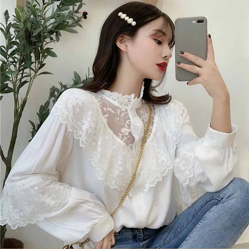Fashion ruffled autumn lace top womens top collar womens top retro lace shirt Korean sweet loose dress womens 11335 241211