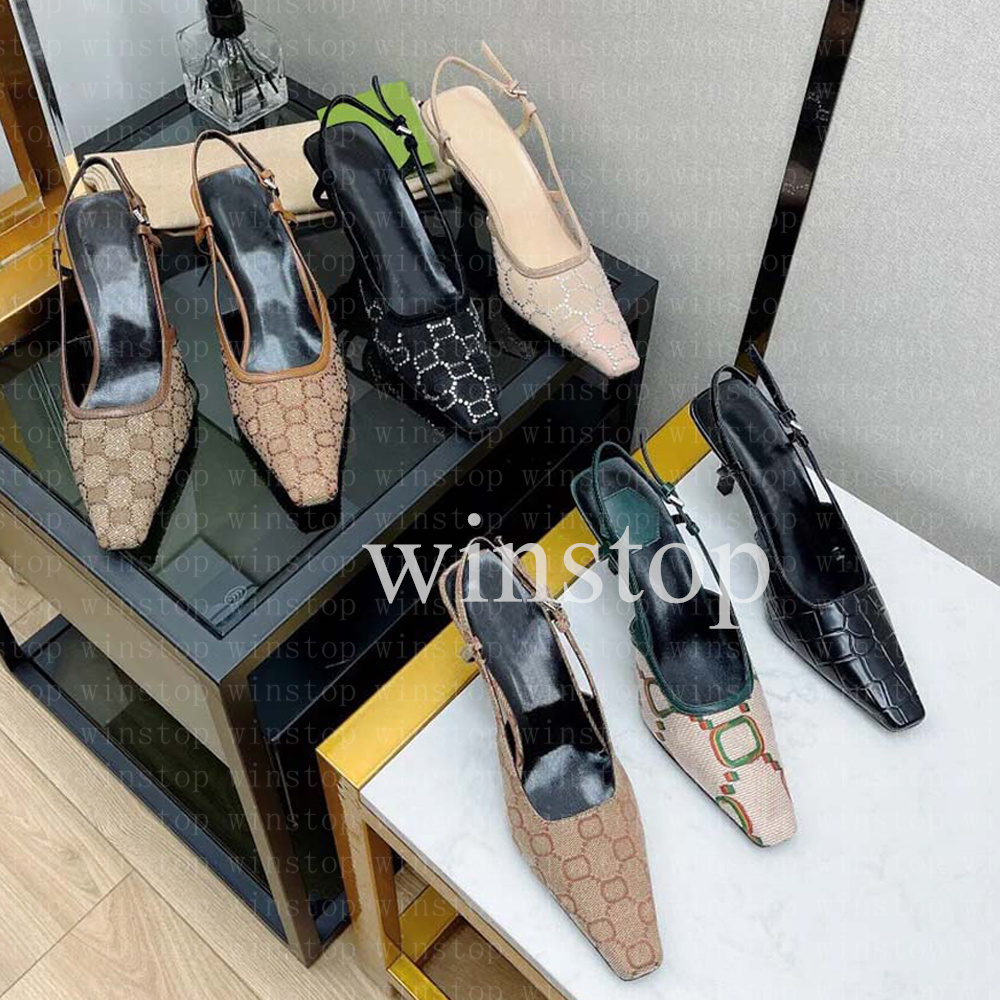 Designer Dress Shoes Slingback high heels women sandal Lace up shallow cut shoes 7.5cm 3.5cm Black mesh with crystals sparkling Print Slippers Rubber Sandals 35-42