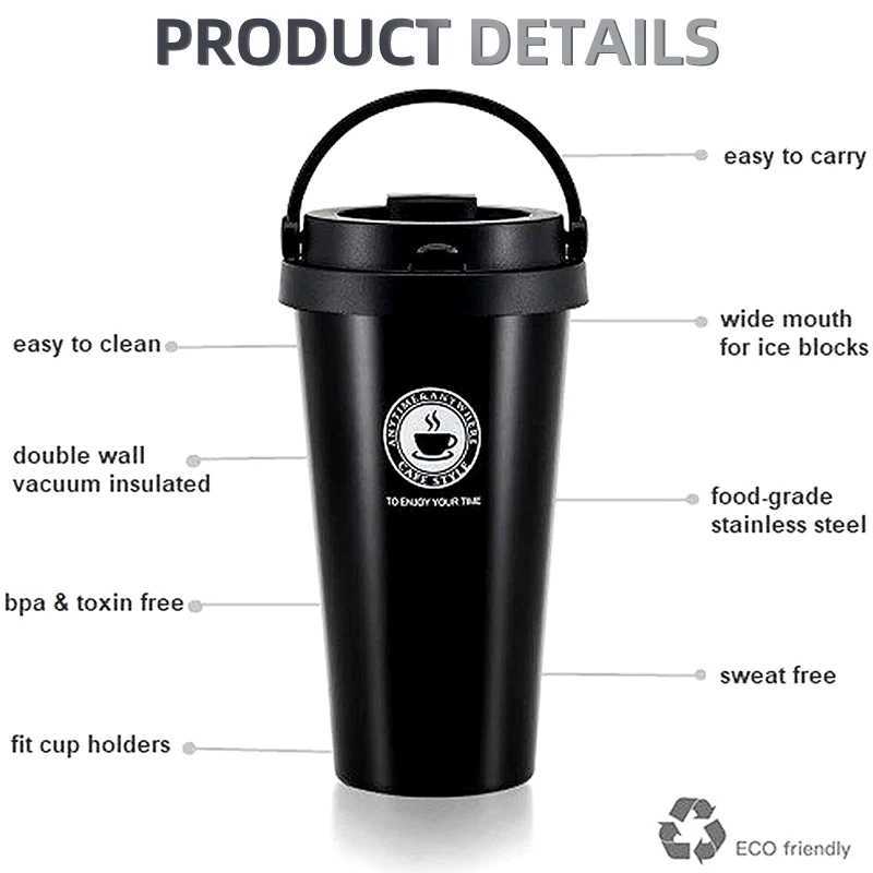 500ml Insulated Travel Coffee Cup Double Wall Leak proof G Vacuum 304 Stainless Steel Tea with Lid and Handle Y241211