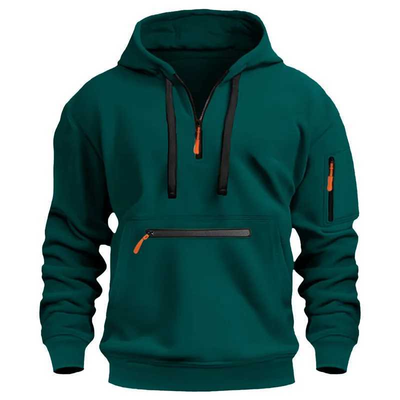 Mens casual sports hoodie spring and autumn fashion arm pocket drawstring cover solid color loose long sleeved shirt drawstring W2401211