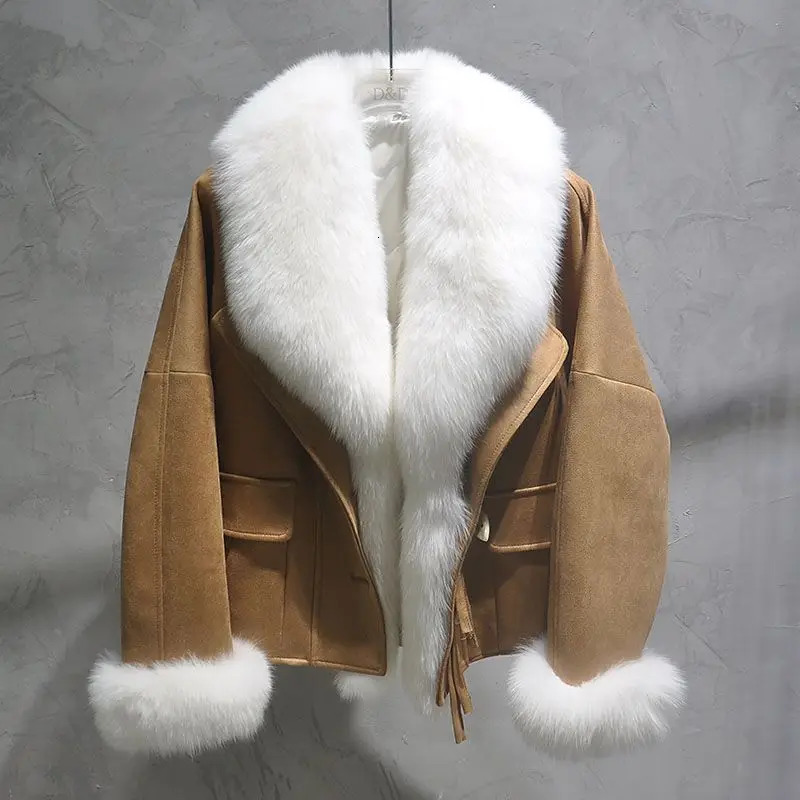 Full leather big fur collar coat womens short 2025 winter padded clothing fashion T790 241212