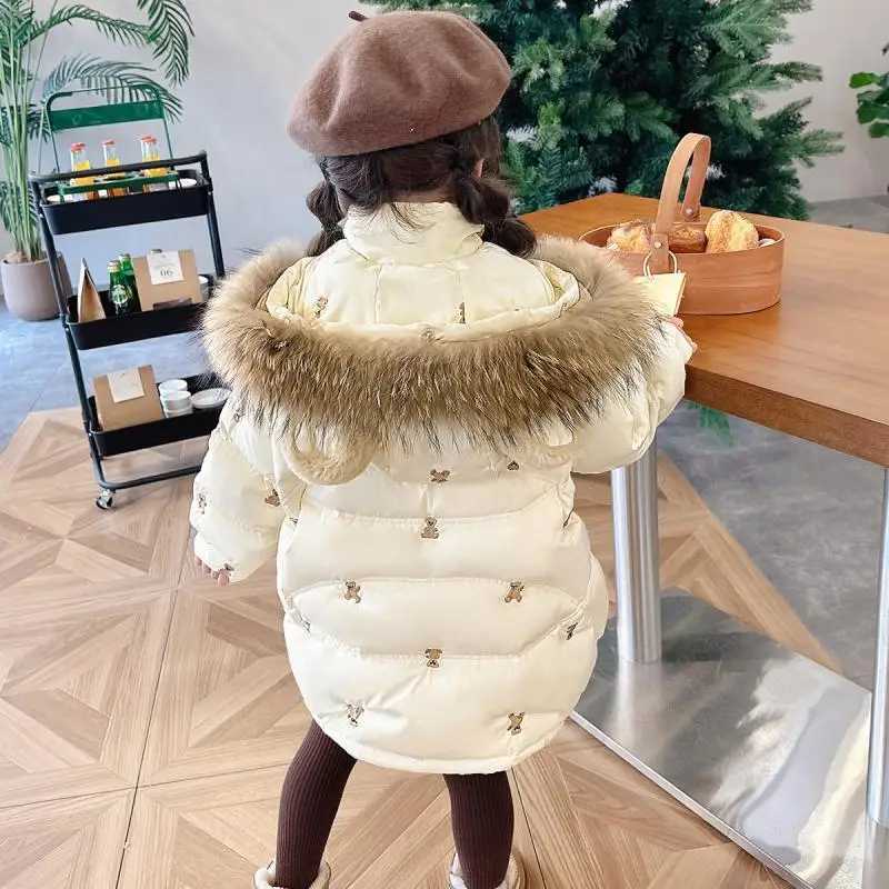 Girls Winter New Teddy Bear Embroidered Cute and Fashionable Windproof Warm Big Fur Collar Hooded Cotton JacketXJ241211