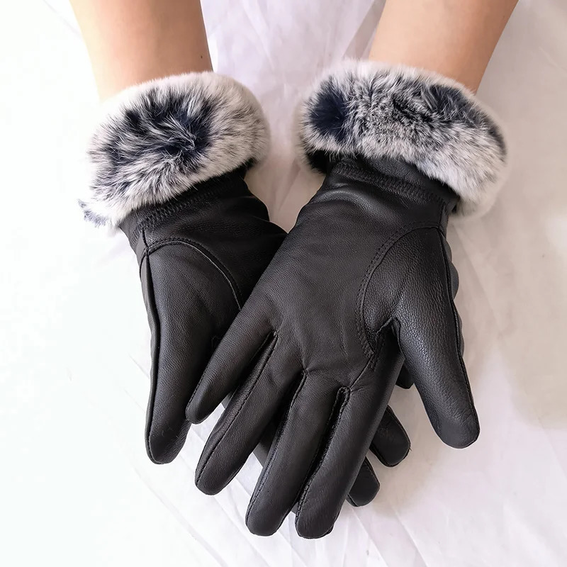 2024 Winter Warm Womens Genuine Sheep Leather Gloves with Genuine Fur Cuffs and Fingers Fashion Womens Natural Fur Gloves 241212