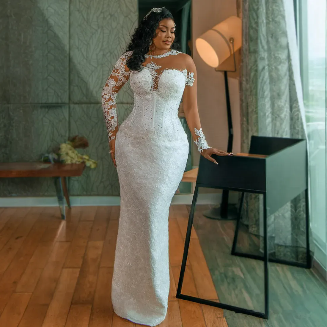 Plus Size Illusion Mermaid Wedding Dresses Long Sleeves Bridal Gowns With Detachable Train Beaded Lace Wedding Gown for African Black Women Brides