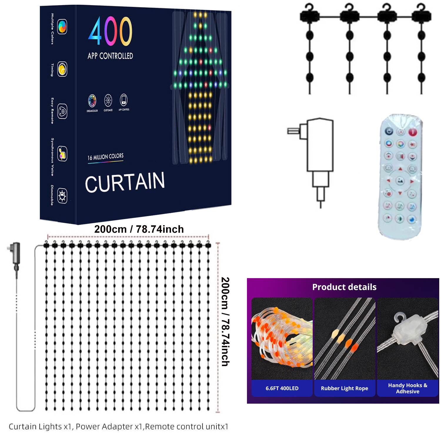 400 LED Smart Curtain Lights, DIY Programming App Remote Control RGB Fairy String Lights, Smart LED Curtain Lights, Color Changing Wall Lights, Dynami