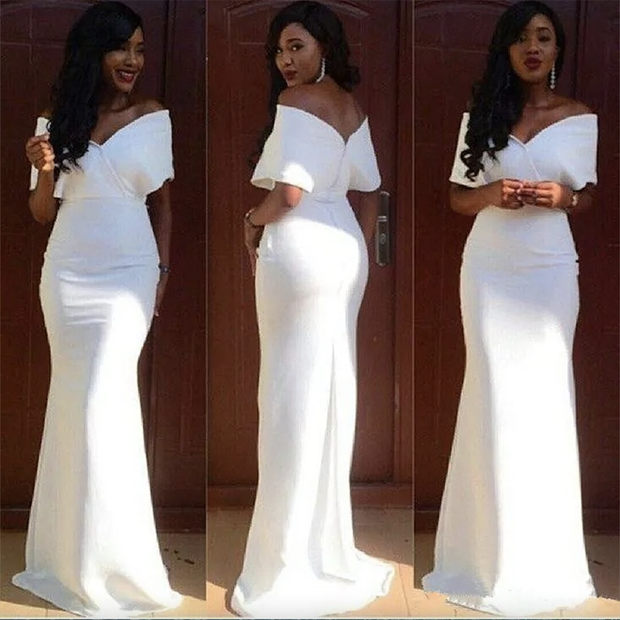 White Cheap Mermaid Bridesmaid Dresses Long Off The Shoulder African Wedding Guest Dress Floor Length Satin Women Party Gowns Free sh