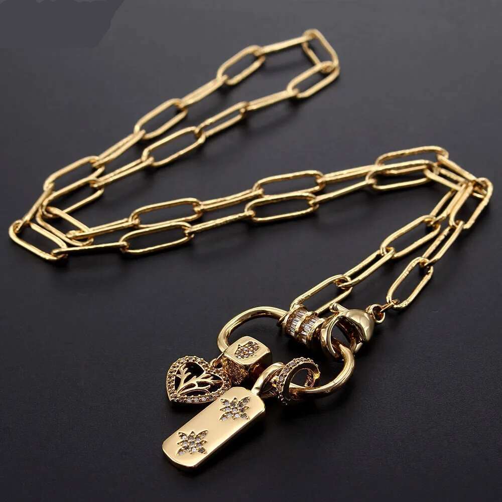 Unique Design Women Screw Lock Zircon Heart Pendant Necklace Gold Color Paper Clip Chain Necklaces Jewelry Party Gift