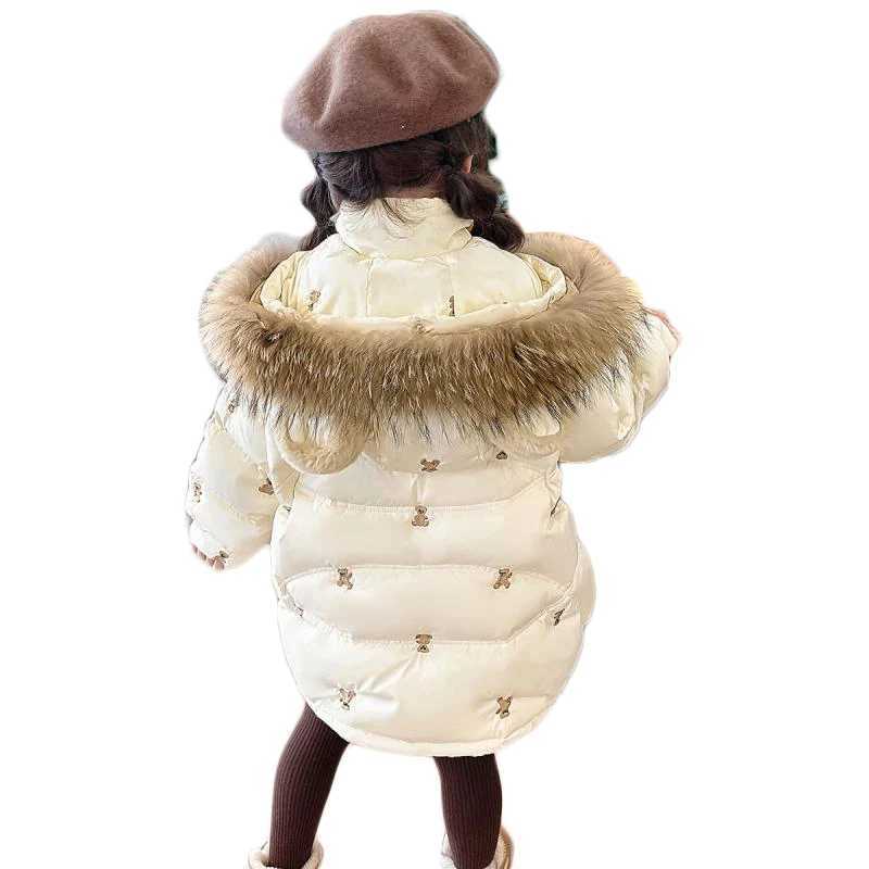 Girls Winter New Teddy Bear Embroidered Cute and Fashionable Windproof Warm Big Fur Collar Hooded Cotton JacketXJ241211