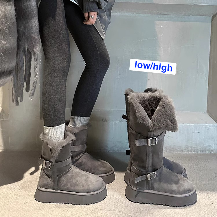 Grey thick sole fashion high tube plus cashmere warm snow boots 2025 winter new belt buckle short tube women's cotton shoes