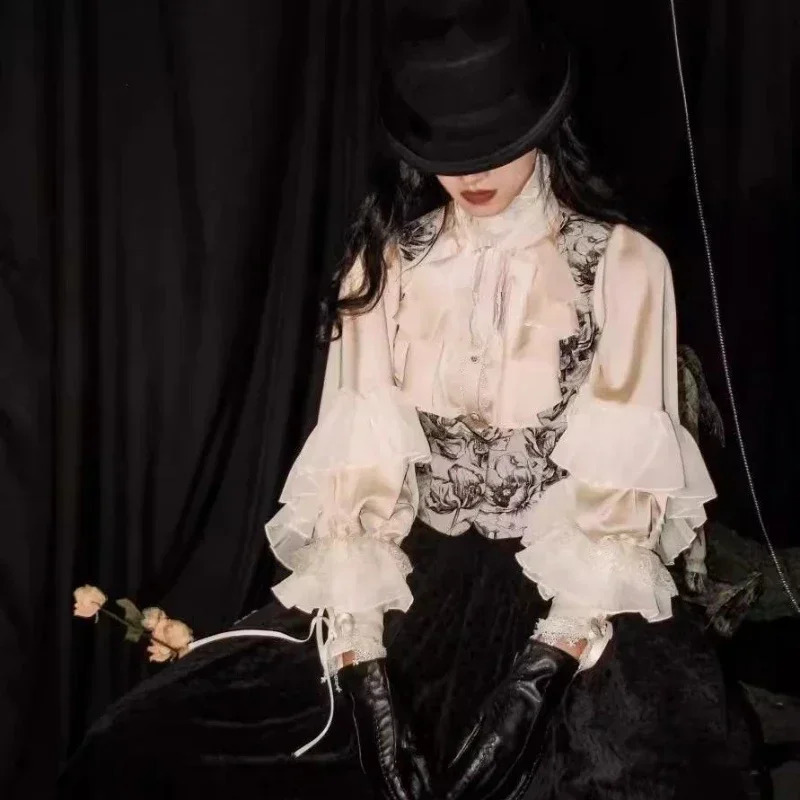 Japanese Kawaii girl cute Lolita lantern sleeves summer Y2K fashion lace patch work shirt top women JK loose blue shirt 241211