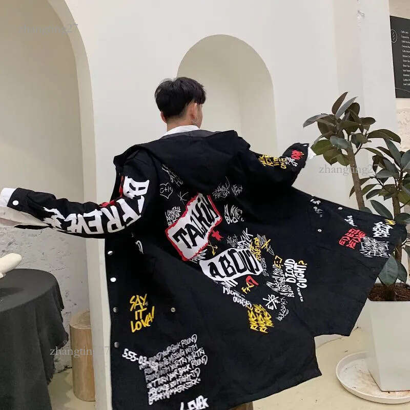 Letter Print Jacket and Graffiti Trench Coat for Mens Hip Hop Fall Clothing Harajuku Fashion Long Overcoat with Hood Windbreaker