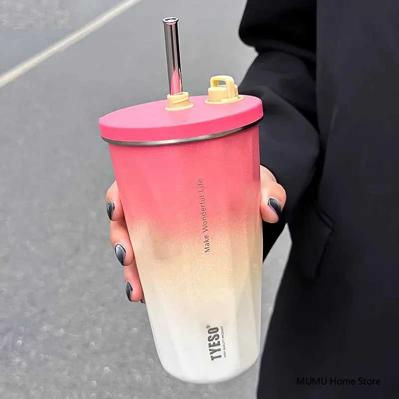 600ML stainless steel hot water bottle with straw portable vacuum valve car inflatable cup coffee cup Y241211