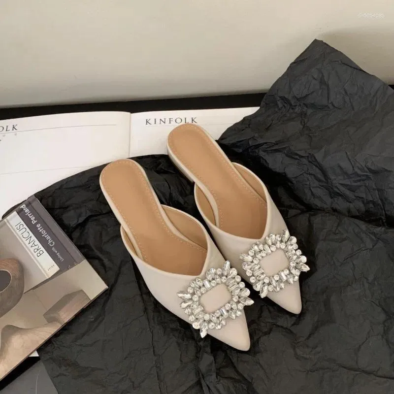 Slippers Female Shoes Pointed Toe Casual Slides Shallow Thin Heels Jelly Flip ps Low 2024 Cover Glitter Crystal Rubber