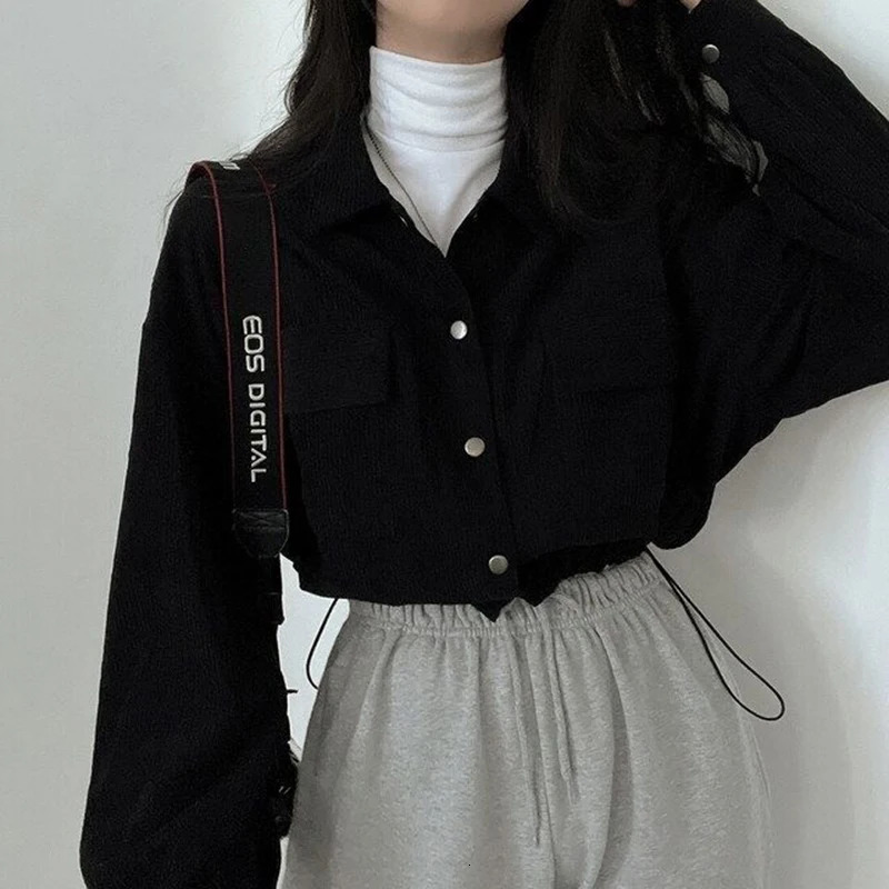 Rimocy Chic Pockets long sleeved cut shirt suitable for Corduroy Drawstring short Korean women wild solid color jacket 241211
