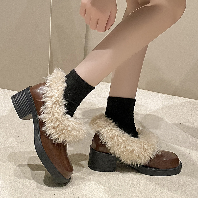 Women Casual Shoes:In Stock Square Toe Plush Warm Coarse Heel Loafers Shoes French Mary Jane Shoes Leather Shoes,Black/Brown,Free shipping