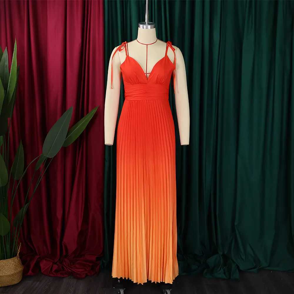 Urban Sexy Dresses Women Dress Sexy Long Dresses Pleated Sling Slveless Slim Fit V Neck High Waist Elegant Splice Gown Gradient Vestidos Y2412122AFN
