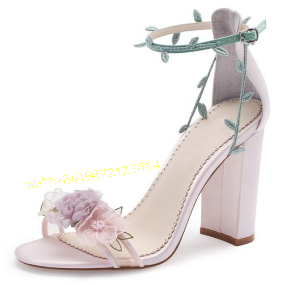Purple Wers Thick Heel Women Elegant Wedding Green Leaf Decor Lovely Sandals Female Summer Outfit Party Evening Shoes