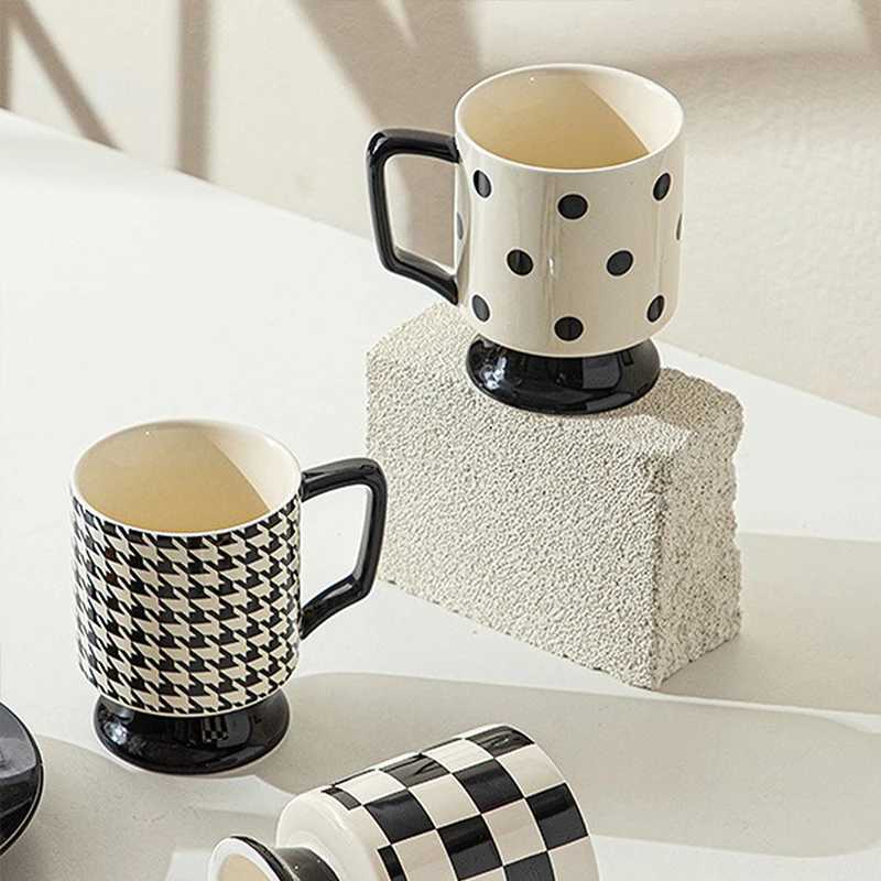 1 piece of European simple coffee GS luxury espresso GS black and white checkered ceramic GS milk GS tea cup creative gift Y241211