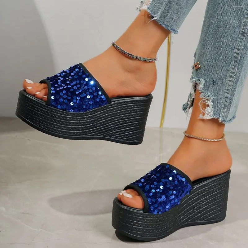 Slippers 2024 Women's Wedges Sequins High Heels Leisure Fashion Summer Sandals Outdoor Platform Mules Women