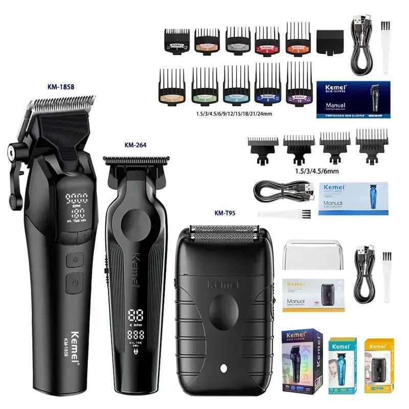 Kemei KM-1858 9000RPM 10W Hair Clipper KM-264 Rechargeable Electric Trimmer Original KM-T95 Shaver for Men Barber Clippers Kit W241212