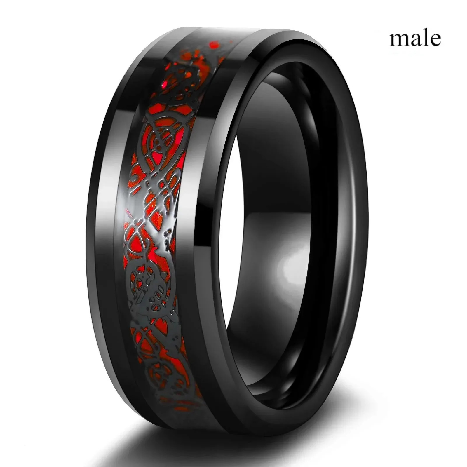 Fashionable couple ring romantic womens red heart zircon mens stainless steel Celtic dragon wedding jewelry 241210