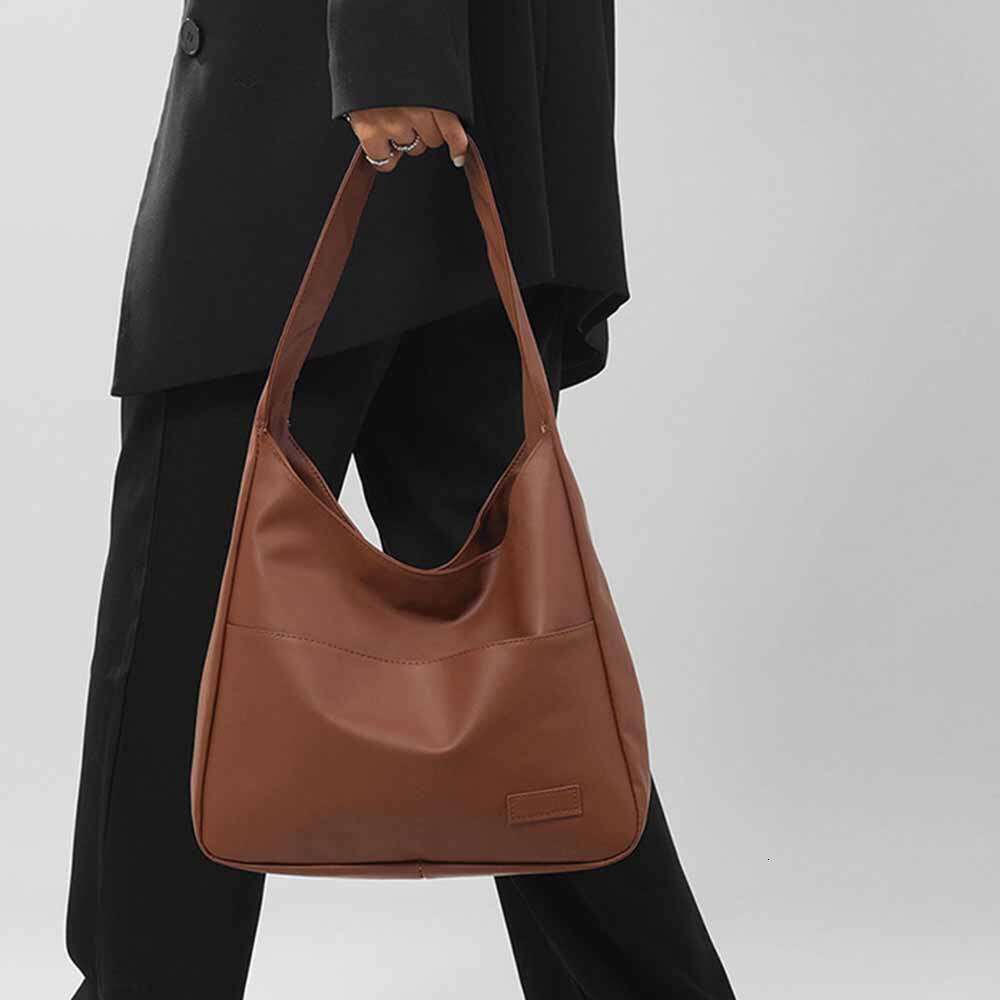 Women's Hobo simple PU leather solid shoulder bag, fashionable large capacity handbag, suitable for school assignments,-ll