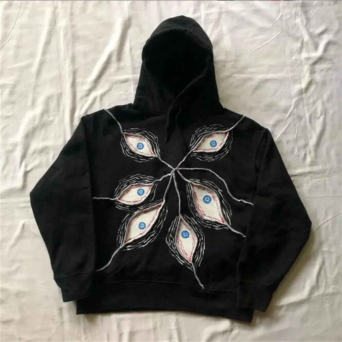 Gothic retro eye patch work hoodie Y2K loose zipper mens fashionable punk long sleeved sportswear Harajuku casual top 241211