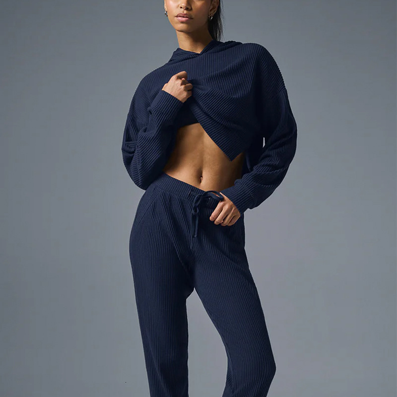Alo Autumn Winter Corduroy Sports And Leisure Set, Pullover Hooded, Loose Fit Fitness Running Hoodie, Long Sleeved For Women