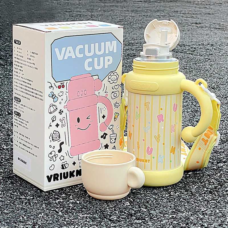 1Pc simple small stainless steel hot cup 800ml girl outdoor travel large capacity direct drinking straw cup easy to use with hand strap Y241211