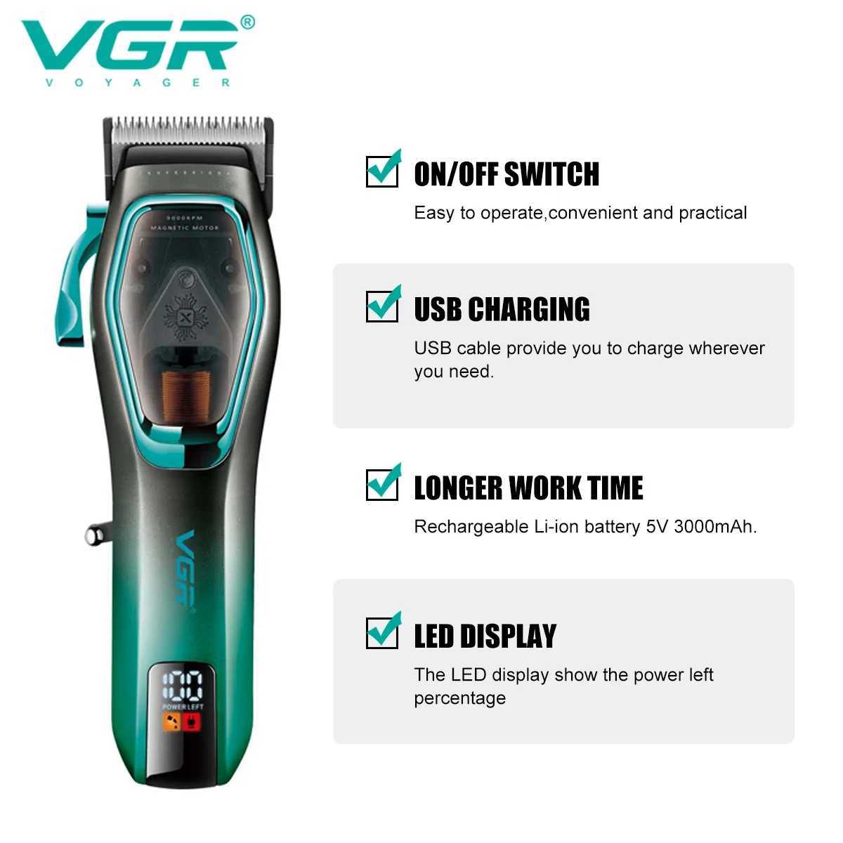 VGR Hair Clipper Cordless Hair Trimmer Professional Haircut Electric Hair Cutting Machine 9000 RPM LED Clipper for Men V-674 W241212