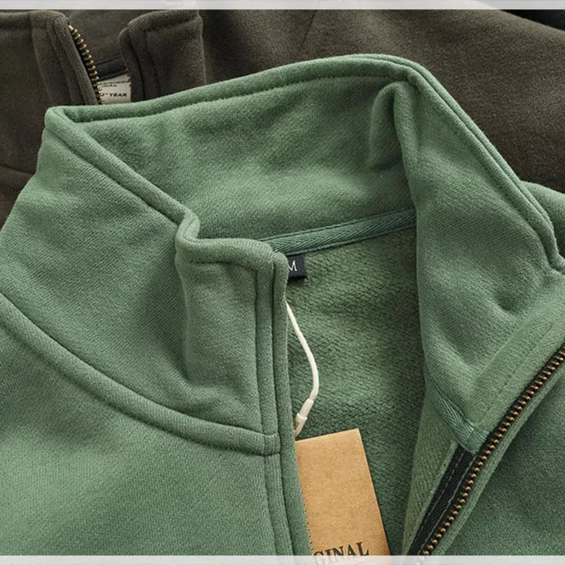 Autumn and Winter Thick Wool Hoop and Wool Hoodie Mens Retro Zipper Half Collar Casual Coat Trendy 241211