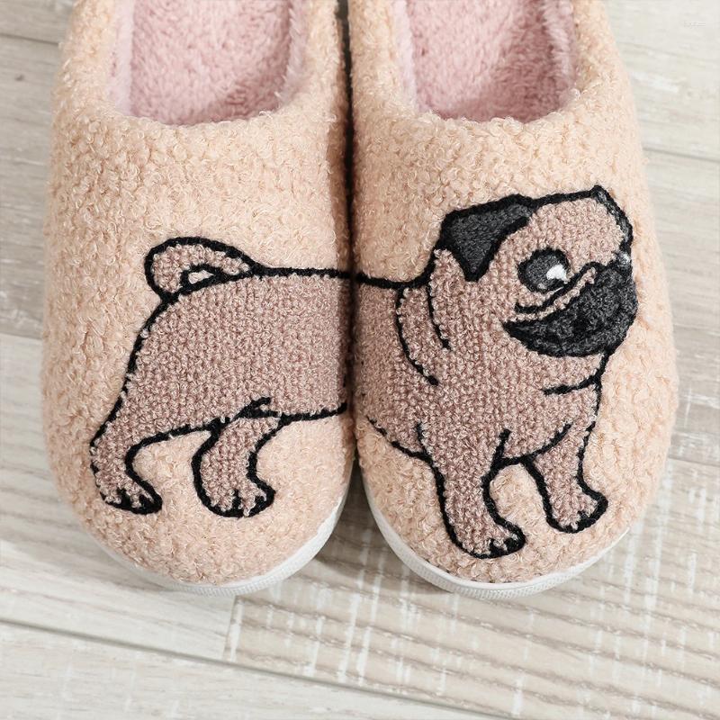 Slippers Plush Pug Comfortable Slip-on House Shoes Anti Slip Flat Thermal Fluffy Couple For Autumn Winter