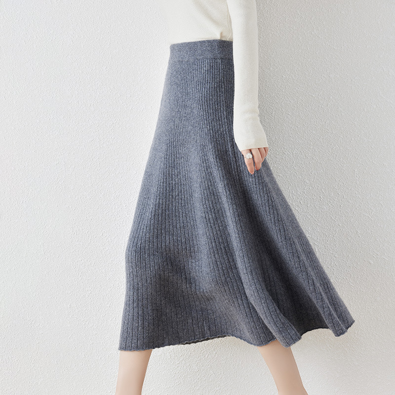 B721New wool skirt A version slim all-match skirt women's thickened knitted umbrella skirt large size solid color skirt