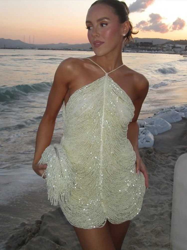Urban Sexy Dresses Sexy Halter Sequin Tassel Party Dress Women Slim Slveless Backless Hip Package Mini Dresses 2025 Chic Club Evening Vestidos Y241212