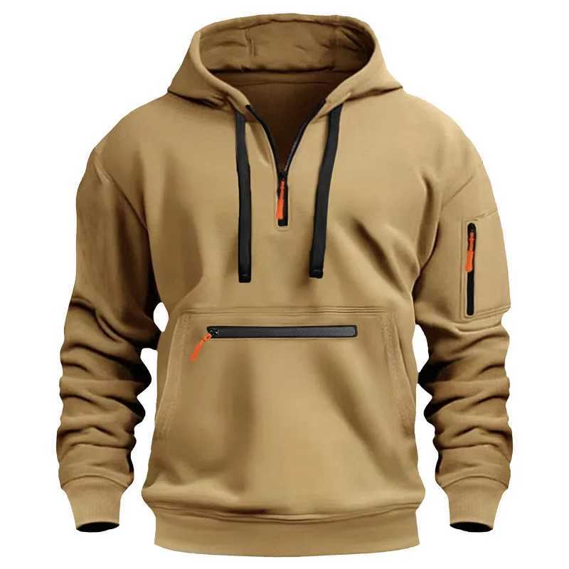 Mens casual sports hoodie spring and autumn fashion arm pocket drawstring cover solid color loose long sleeved shirt drawstring W2401211