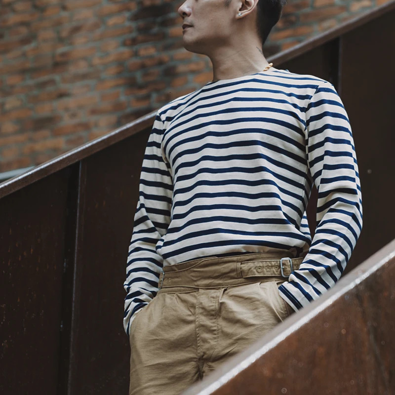Bronson sailor striped shirt vintage fashion Breton boat neck long sleeved T-shirt 241210