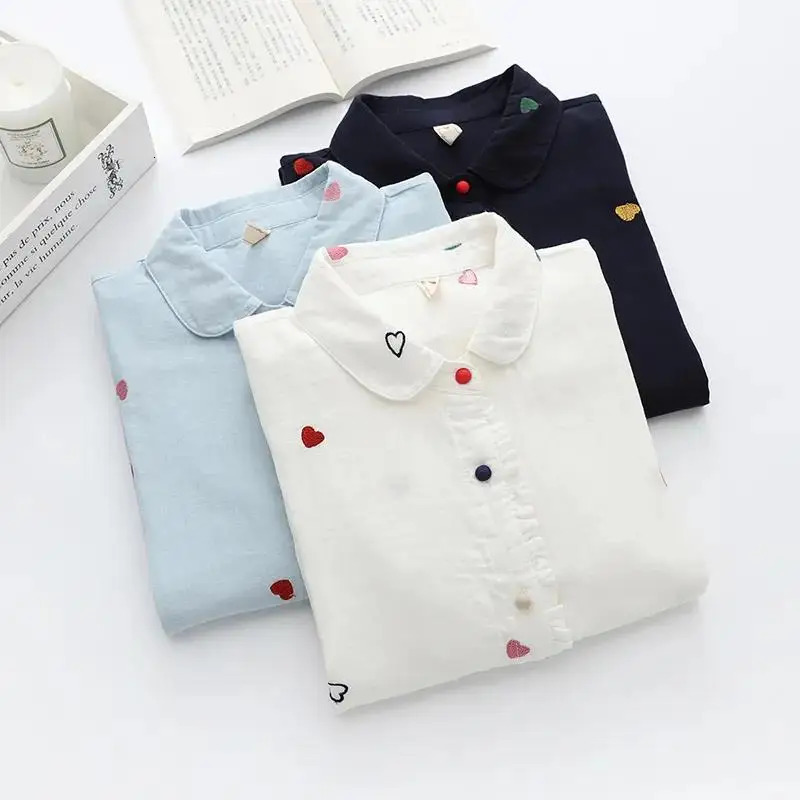 Autumn Collar Printed Casual Long Sleeve Loose Top Womens Fresh White Blue Shirt 241211