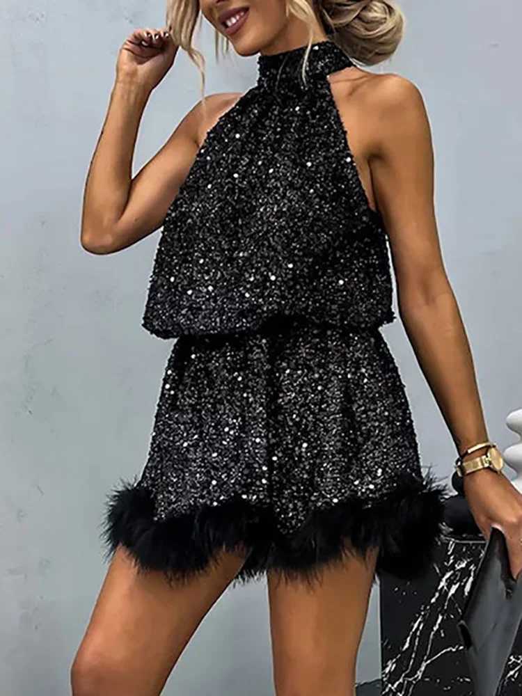 Urban Sexy Dresses 2025 Full Sequins Patchwork Tassel Party Dress Casual Women Summer Off Shoulder Dress Holiday Female Slveless Lacing Up Dress Y2412