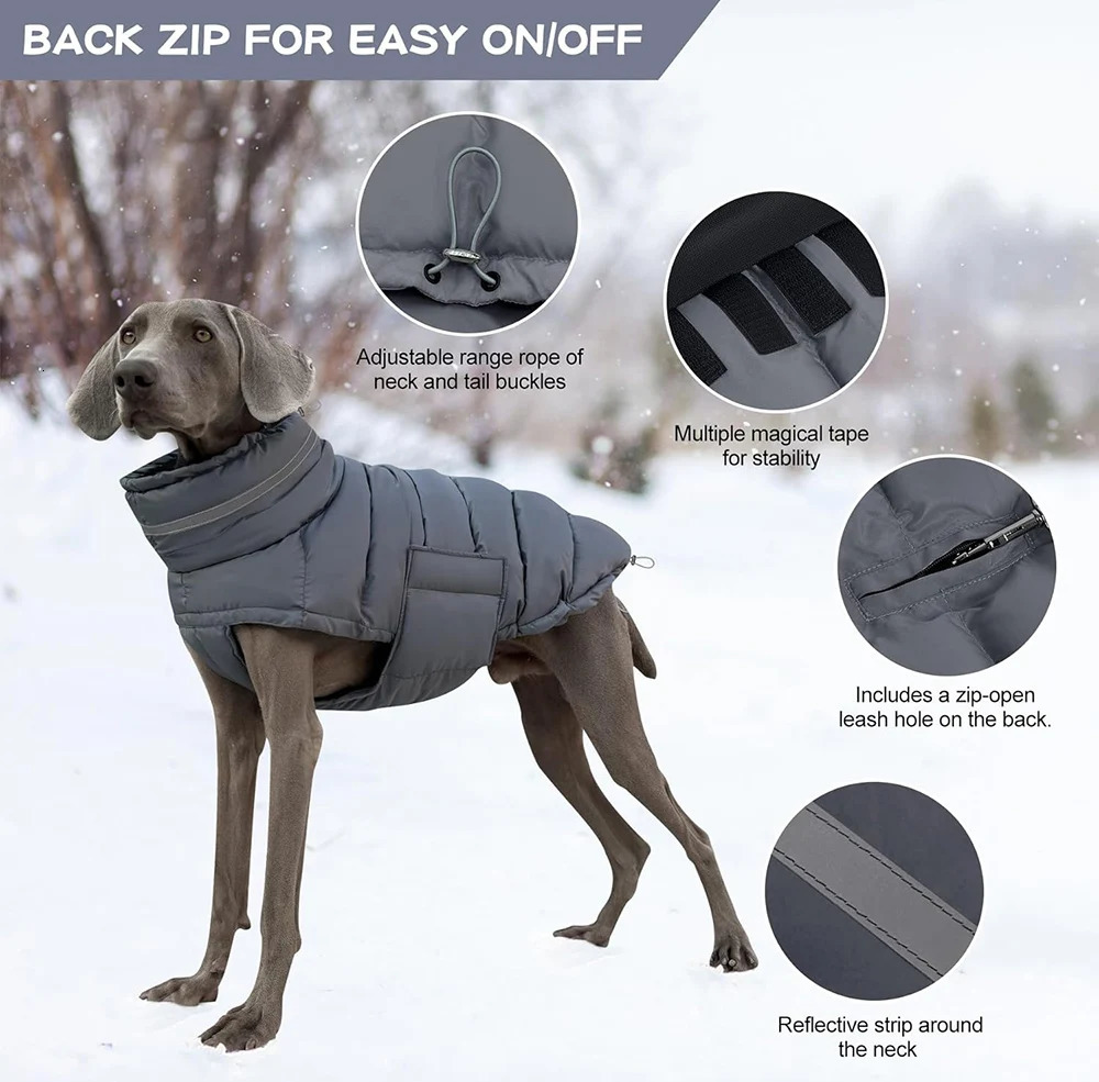 Dog Puffer Jacket Warm Winter Coat with Leash Hole Adjustable Snowsuit Waterproof Pet Apparel Reflective Clothes for Large Dogs 241212