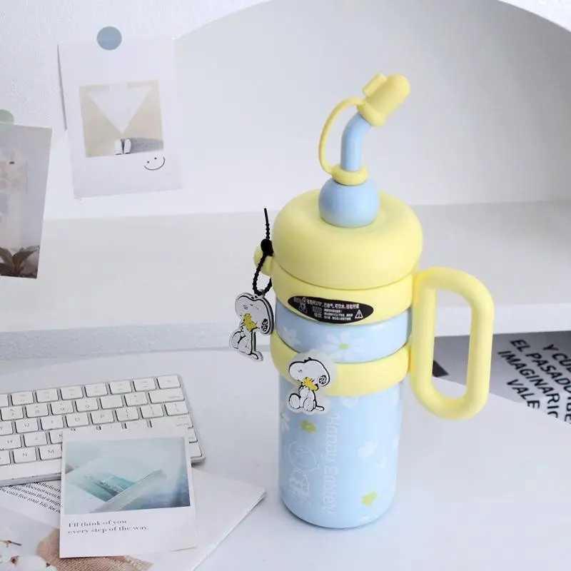New cartoon cute straw filled cup large capacity water cup ceramic lined straw cup stainless steel cup Y241211